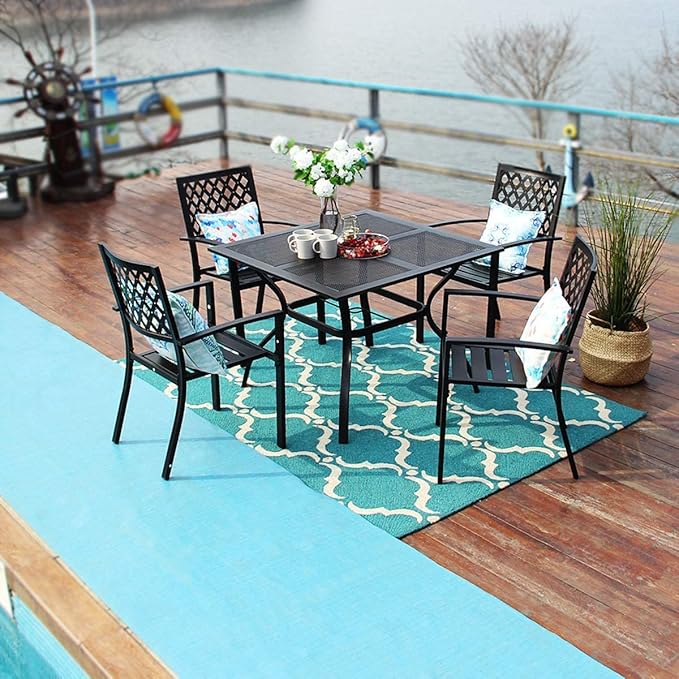 PHI VILLA Patio Dining Set Wrought Iron Outdoor Table and Chairs Furniture Set 5 Piece, 37" Square Bistro Table with Umbrella Hole and 4 Backyard Garden Chairs Support 300LBS for Deck, Lawn, Garden