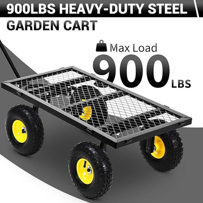 Heavy Duty Steel Garden Cart, 900 LBS 3 in 1 Pullable Metal Garden Wagon with 10" Wheels, 180° Rotating Handle and Removable Sides for Farm, Yard
