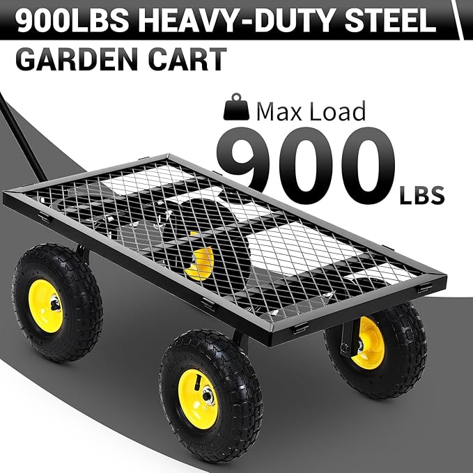 Steel Garden Cart on Wheels, 880 LBS Pullable Metal Garden Wagon, 180° Rotating Handle and Removable Sides for Outdoor, Farm, Yard, Beach