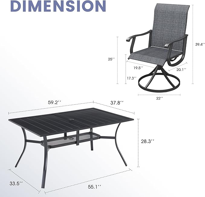 VICLLAX 7 Pieces Outdoor Dining Set, Patio Furniture Set of 6 Patio Swivel Dining Chairs and Rectangular Patio Table with Storage Shelf, Dark Charcoal Chairs & Black Tabletop