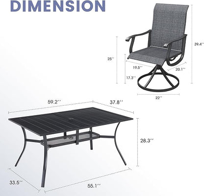 VICLLAX 7 Pieces Outdoor Dining Set, Patio Furniture Set of 6 Patio Swivel Dining Chairs and Rectangular Patio Table with Storage Shelf, Dark Charcoal Chairs & Black Tabletop
