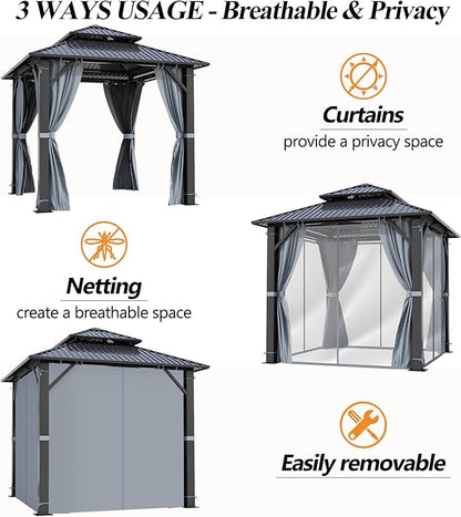 GARTOO 8.5x8.5FT Outdoor Hardtop Gazebo - Aluminum Heavy-Duty Steel Top Gazebo with Breathable Netting & Privacy Curtain, Double Roof Gazebos for Patio, Porch, Garden, Lawn, Deck, Backyard