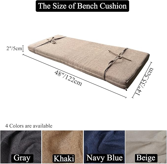48 x 14 Inch Piano Bench Cushions for Indoor Furniture with Ties Non Slip Kitchen Dining Room Bench seat Cushion for Shoe Storage Ottoman Window Settee Pad, Khaki