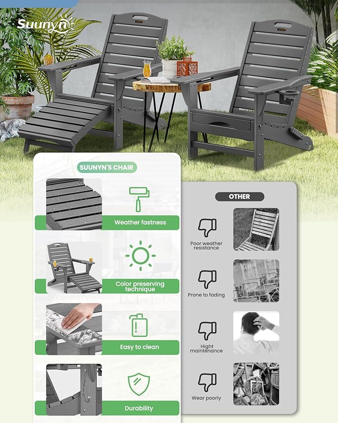 Folding Adirondack Chairs Set of 2,Adirondack Chair with Retractable Ottoman,Plastic Adirondack Chairs with 2 Cup Holder,Weather Resistant Patio Chair,Outdoor Chairs Set of 2(Grey)