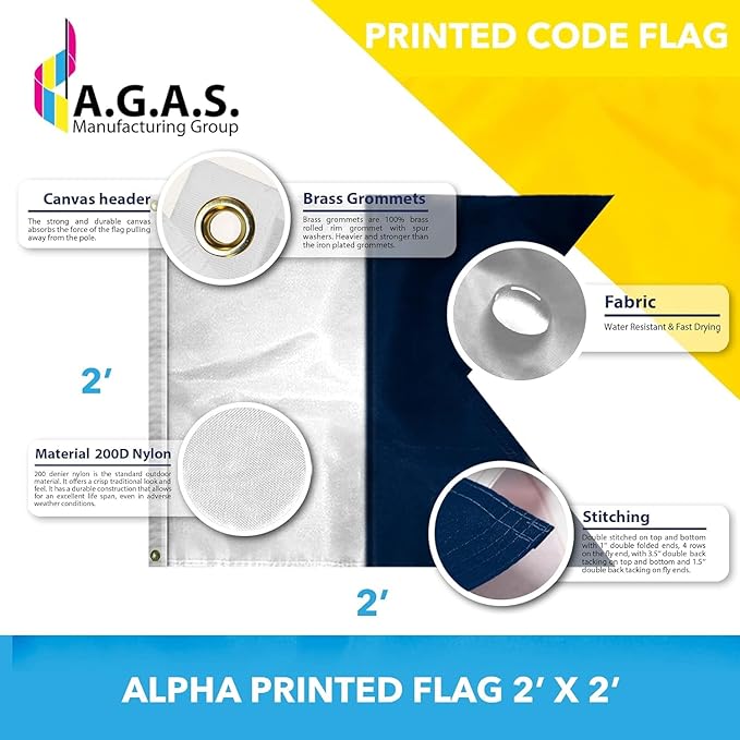AGAS Alpha Code A Marine Signal 2x2 Ft Flag - Printed 200D Nylon - Canvas Header - Brass Grommets - Colorfast & Stitched Edges - Nautical Boat Flag - Naval Code Signal Flag.