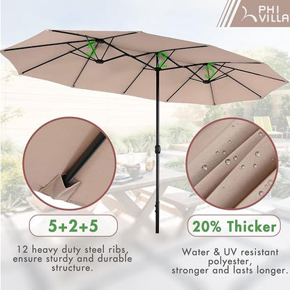 PHI VILLA 7 Pieces Patio Dining Set for 6 with 13ft Large Patio Umbrella, Metal Outdoor Stackable Wrought Iron Chair Set of 6 & 60"X38" Metal Dining Table,Market Table Beige Umbrella