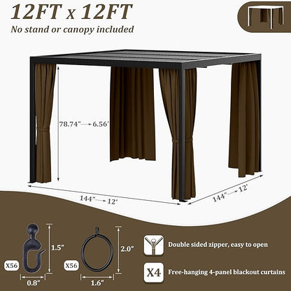 Gazebo Universal Replacement Privacy Curtain,12'×12' Gazebo Outdoor Waterproof Curtains, 4-Panels Sidewall Curtains with Double Zipper for Patio Canopy, Garden and Backyard (Curtain Only)