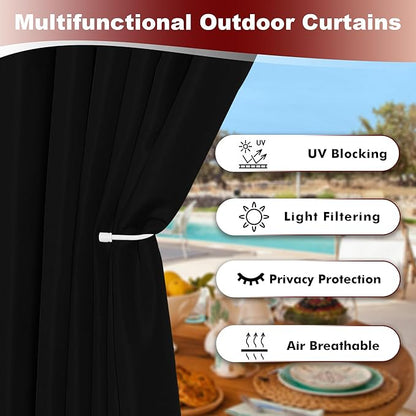 HolidayIdeas Grommet Outdoor Curtains for Patio Waterproof 8 Pcs All Weather Balcony Black Outside Curtains for Apartments, Gazebo, Pergolas, Porch, 54x120 Inch