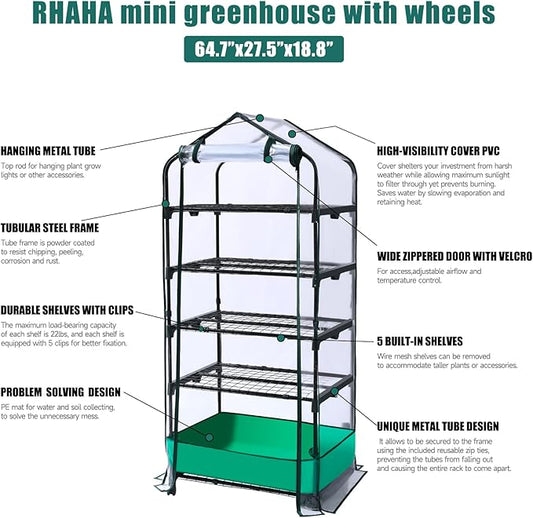 5 Tier Mini Greenhouse with Wheels for Indoor Outdoor, Portable Green House with PVC Cover and Shelves for Seedling, Greenhouse with Waterproof Mat and Cover Tape, Gardening Gifts for Women Men