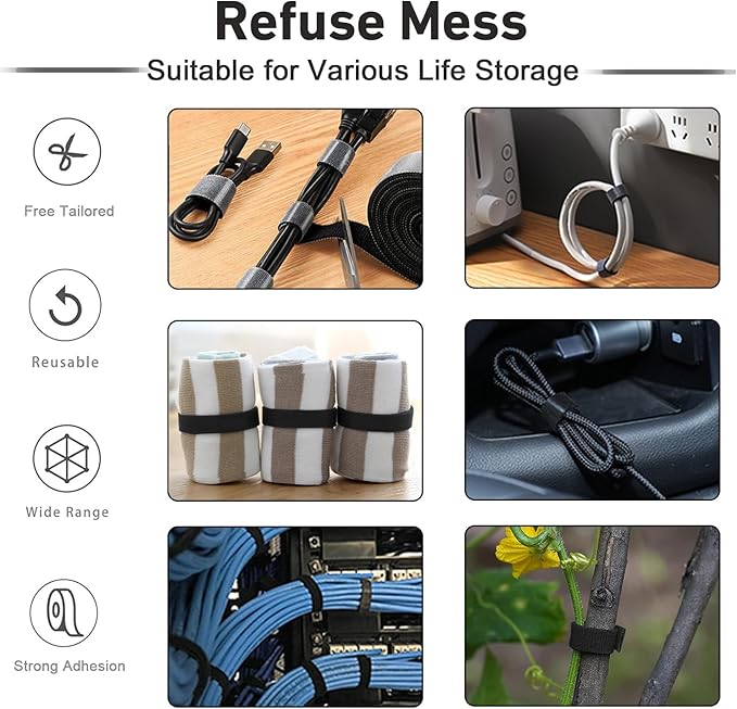164ft x 1/2 inch Reusable Fastening Cable Ties, Hitotsu Hook and Loop Roll, Self-Gripping Bundling Strips for Cord Manage,Home, Office, Electrical Cords, Data Center, Host Room, Black, 2 Roll