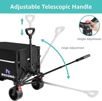 Collapsible Wagon Cart with Wheels Foldable - Folding Utility Heavy Duty Wagons Carts for Grocery Sports Garden Shopping Camping Wheelbarrows (Black with Cover, 120L)