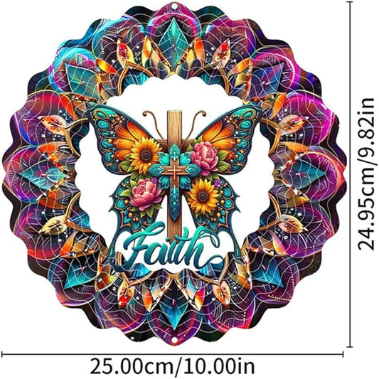 Cross Wind Spinner, Metal Wind Spinners Outdoor/Indoor, Cross Butterfly Hanging Garden Decor for Outside, Stainless Wind Spinners for Yard and Garden 10 inch 3D (25X24.95 CM)
