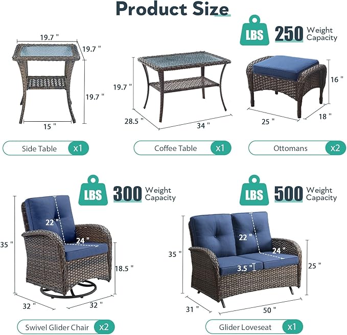 7 Piece Patio Furniture Set - Wicker Patio Conversation Set with Swivel Glider, Glider Loveseat, Tempered Glass Side Table and 2 Ottomans for Deck Backyard - Brown Wicker Blue Cushion