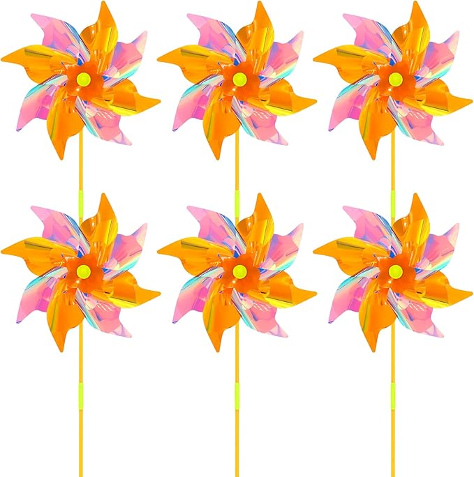 6 Pcs Reflective Pinwheels Wind Spinner for Yard and Garden, Decorative Windmill Toy Pinwheel for Kids, Colorful Garden Wind Spinners Outdoor Party Decorations, Pinwheels to Scare Birds Away