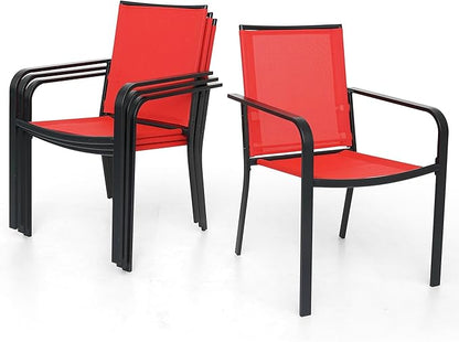 5-Piece Outdoor Patio Dining Set, 40-Inch Round Glass Table with 4 Stackable Chairs, Cherry