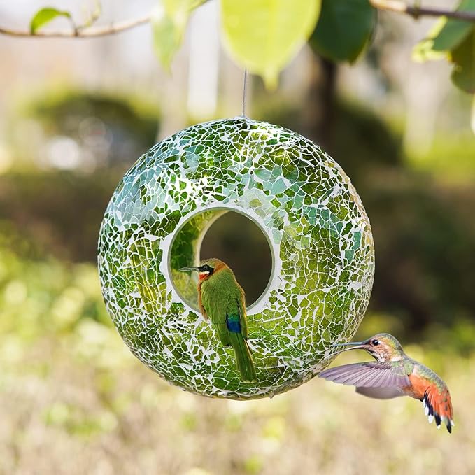 DUSVALLY 9" H Round Fly Through Bird Feeder for Wild Bird Seeds, Crackled Glass Mosaic Outdoor Hanging Feeder for Decorative in Outdoor Garden & Yard, Attracting Wild Birds, Green