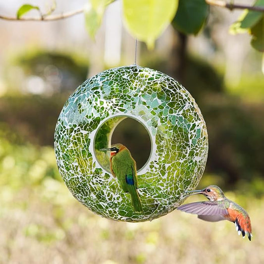 DUSVALLY 9" H Round Fly Through Bird Feeder for Wild Bird Seeds, Crackled Glass Mosaic Outdoor Hanging Feeder for Decorative in Outdoor Garden & Yard, Attracting Wild Birds, Green