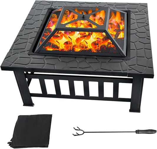 32" Fire Pit Table with Mesh Lid, Wood Burning Fireplace/Firepit with Poker and Accessories