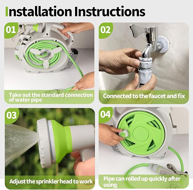 Kitness Mini Retractable Garden Hose Reel, Portable Simple Home 45+5 FT Hose Reel with 7 Adjustable Patterns Spray Nozzle&Standard Connector, Watering Hose Reel for Gardens Yards and lawns (Green)