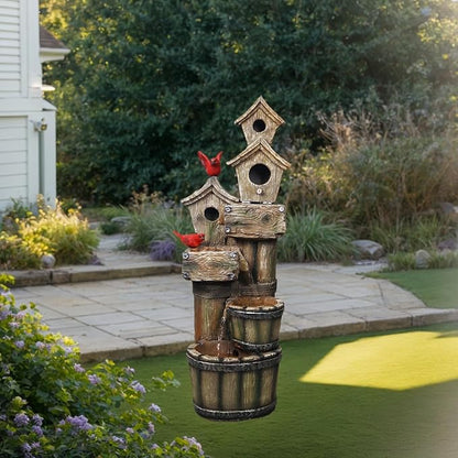 35" Tall Outdoor 4-Tier Birdhouse Floor Standing Water Fountain with LED Lights for Garden, Patio, Yard, Porch Art Home Decor (Bird)