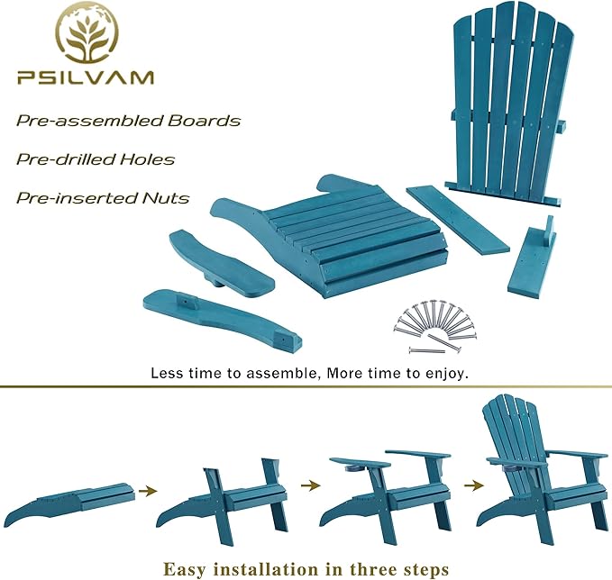 Psilvam Adirondack Chair, Oversized Poly Lumber Fire Pit Chair with Cup Holder, 350Lbs Support Patio Chairs for Garden, Weather Resistant Outdoors Seating, Relaxing Gift for Father & Mother(2, Blue)