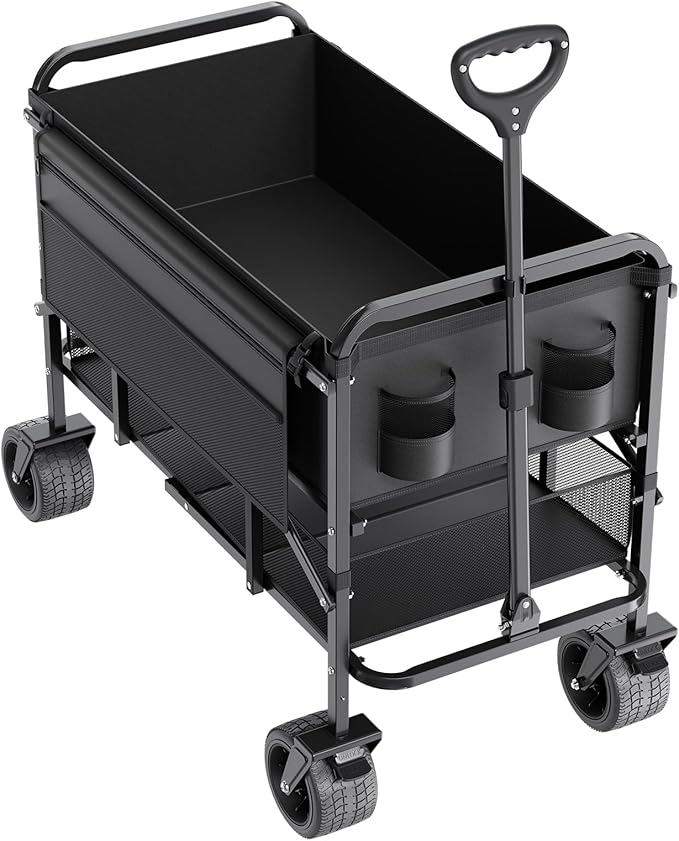 VEVOR 400L/450lbs Large Collapsible Double Decker Wagon, Foldable Heavy Duty Beach Wagon Cart with Big Wheels for Sand, Folding Utility Sports Cart for Camping Garden