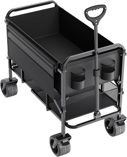 VEVOR 400L/450lbs Large Collapsible Double Decker Wagon, Foldable Heavy Duty Beach Wagon Cart with Big Wheels for Sand, Folding Utility Sports Cart for Camping Garden