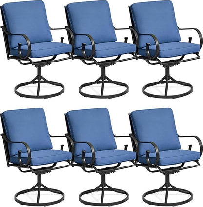 MELLCOM Patio Swivel Chair Set of 6, Heavy Duty Outdoor Dining Chairs with Thickened Cushions, Metal Patio Chairs Gentle Rocker for Outside, Blue