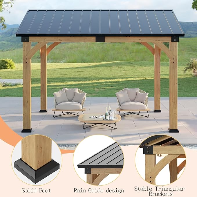 10x12 ft Wood Gazebo, Hardtop Gazebo with Galvanized Steel Peak Roof, Outdoor Pavilion for Snow Support, Wind Resistance, UV Protection, Shade for Garden, Patio, Deck
