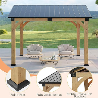 10x12 ft Wood Gazebo, Hardtop Gazebo with Galvanized Steel Peak Roof, Outdoor Pavilion for Snow Support, Wind Resistance, UV Protection, Shade for Garden, Patio, Deck