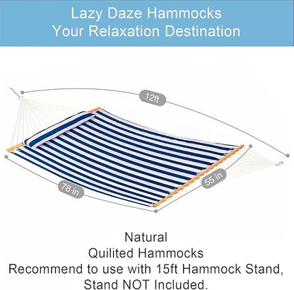 Lazy Daze Hammocks 12FT Quilted Fabric Double Hammock with Spreader Bars and Detachable Pillow, 2 Person, 450lbs Capacity, Blue White