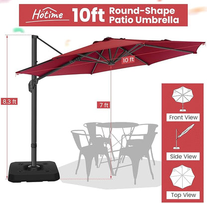 Hotime 10ft Patio Umbrella Outdoor Patio Windproof and Height adjustable, Heavy Duty Aluminum Round Offset Patio Umbrella Cantilever Pool Umbrella with 360°Rotation for Garden Deck Pool, Wine Red