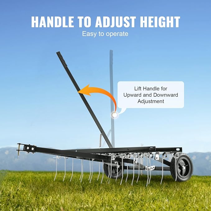VEVOR Tow Behind Dethatcher, 40-inch Tow Dethatcher with 20 Spring Steel Tines, Lawn Dethatcher Rake for ATV or Mower, Tow Behind Lawn Rake with Lift Handle for Garden Farm Grass