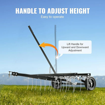 VEVOR Tow Behind Dethatcher, 40-inch Tow Dethatcher with 20 Spring Steel Tines, Lawn Dethatcher Rake for ATV or Mower, Tow Behind Lawn Rake with Lift Handle for Garden Farm Grass