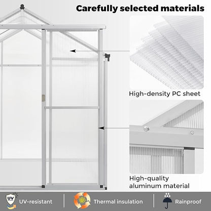6 x 8 FT Aluminum Greenhouse for Outdoors, Polycarbonate Walk-in Greenhouse,Silver