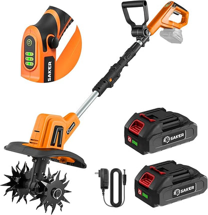 Saker 22V Cordless Electric Garden Tiller Cultivator, Rototiller for Gardening with 3 Adjustable Speed, 9-Inch Tilling Width, 6.3-Inch Depth for Soil Preparation, Weeding, and Gardening SK-TC18A