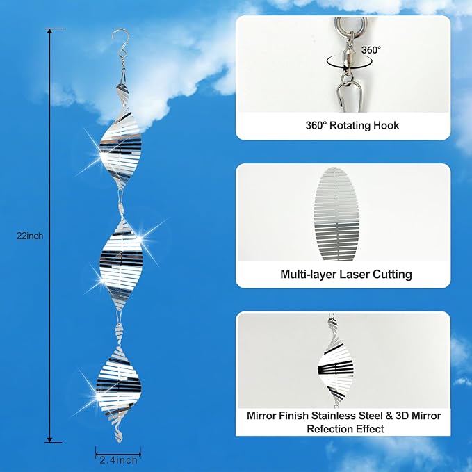 DELAVIDA Stainless Steel Bird Scare Devices, 3D Wind Spinners Outdoor, 9 Discs Set, Reflective Decor to Keep Swallow Pigeon Sparrow Away from House Patio Garden (Fish Bone)