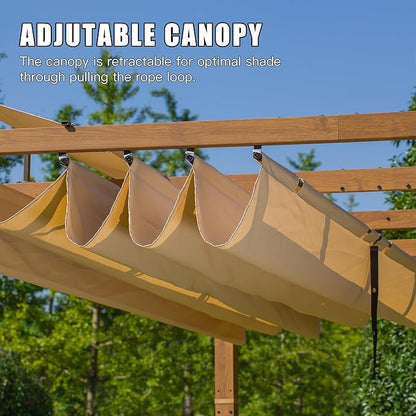 Domi 9’ x 13’ Outdoor Retractable Pergola Against The Wall with Weather-Resistant Canopy Aluminum Garden Pergola Patio Grill Gazebo for Courtyard(Teak Coated)