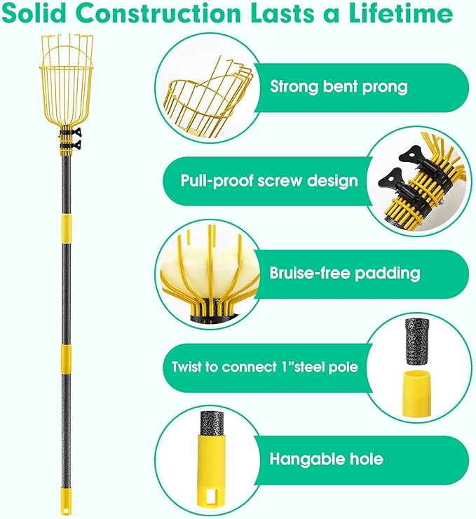 10FT Fruit Picker, Adjustable Mango Picker Tool with Adjustable Pole and Basket, High Fruit Catcher Equipment Apple Picker for Lemon Apples Mango Pear Orange Avocados Fruit Picking Grabber Tool