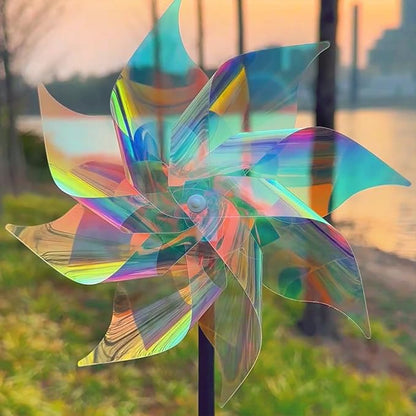 Hausse 10 Pack Reflective Pinwheels Wind Spinner, Extra Sparkly Pinwheel with Stakes, Bird Repellent Blinder Devices Deterrent to Scare Birds Away from Yard Patio Farm Garden, Transparent Rainbow
