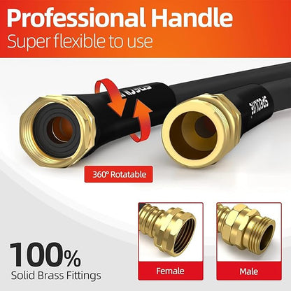 SPECILITE Garden Water Hose 100 ft x 5/8 in Heavy Duty, Flexible and Lightweight, Burst 600 psi, Kink-less Hybrid Rubber Pipe for Backyard, 3/4'' Brass Fittings, Black