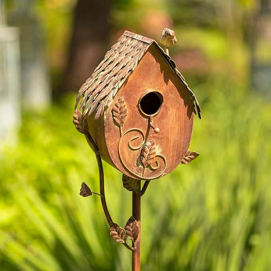 Copper Color Bird House Garden Stake with Ornate Style Roof (Round Bottom)