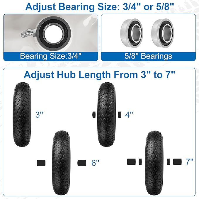 4.80/4.00-8" Wheelbarrow Tubed Tire and Wheel, 16" Universal Fit Pneumatic Tire with 3/4" or 5/8" Bearing, 3"-7" Hub, Adapter Kit Hand Truck Wheel Replacement for Garden Trailer, Wagons, 1 PCS