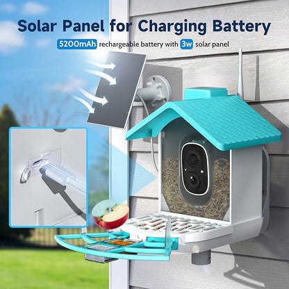 Smart Bird Feeder with Camera, 2K HD Smart Bird House with Camera,Solar Powered,Instant Arrival Alerts,AI Identify Birds Species,SD/Cloud Storage,Ideal Gift for Bird Lovers,Dad,Mom(2.4G WiFi Only
