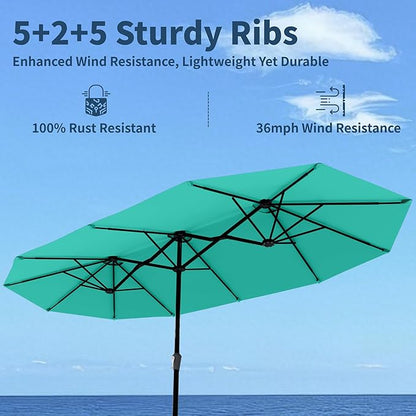 15FT Double Sided Patio Umbrella with Base Included Large Outdoor Market Umbrella with Crank Handle, UV Resistant Canopy, Sturdy Frame for Garden, Poolside, Deck, Turquoise Blue