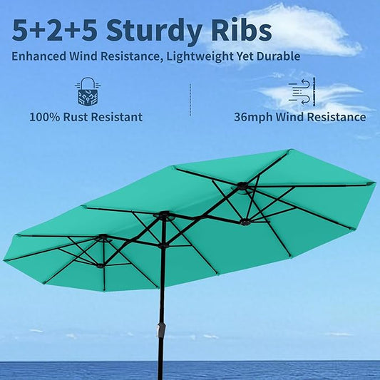 15FT Double Sided Patio Umbrella with Base Included Large Outdoor Market Umbrella with Crank Handle, UV Resistant Canopy, Sturdy Frame for Garden, Poolside, Deck, Turquoise Blue