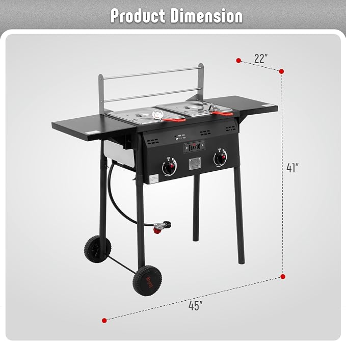 Outdoor Propane Deep Fryer,Dual Tank with Dual Independent Cast Iron Burners and Thermometers,Removable Fryer Pot,Baskets & Lids, Movable Propane Fryer Cart with Regulathor,50000 BTU