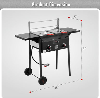 Outdoor Propane Deep Fryer,Dual Tank with Dual Independent Cast Iron Burners and Thermometers,Removable Fryer Pot,Baskets & Lids, Movable Propane Fryer Cart with Regulathor,50000 BTU