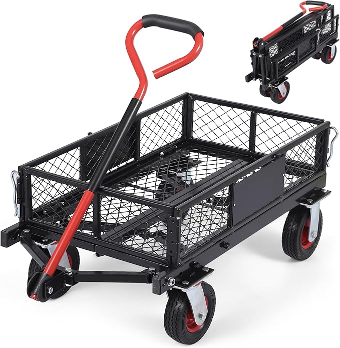 GarveeLife 360 LBS Foldable Steel Garden Cart, Yard & Garden Utility Wagon w Removable Mesh Sides, Collapsible Metal Utility Wagon Cart with 180° Rotating Handle for Garden, Farm, Yard