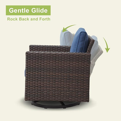 Outdoor Patio Swivel Rocker Chairs - Single Wicker Patio Swivel Rocking Chair with Waterproof Wicker,Comfortable Cushions and Sturdy Metal Frame for Outside Porch Deck Backyard(Brown/Blue/1PC)